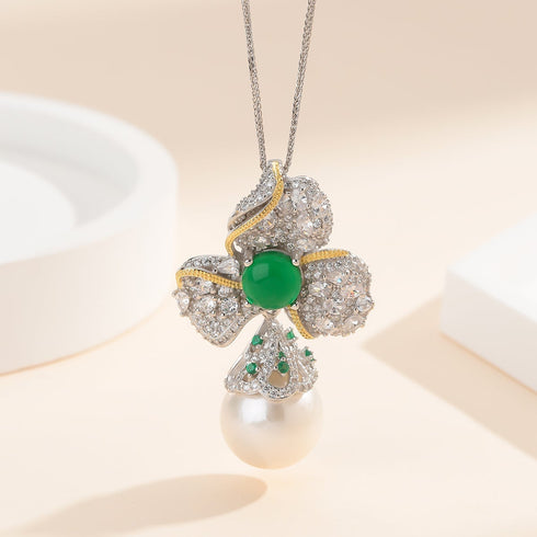 Green Gem Zirconia Floral Peal Pendant - May-Lynn